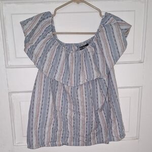 Blue and White Ruffled Off-Shoulder Blouse